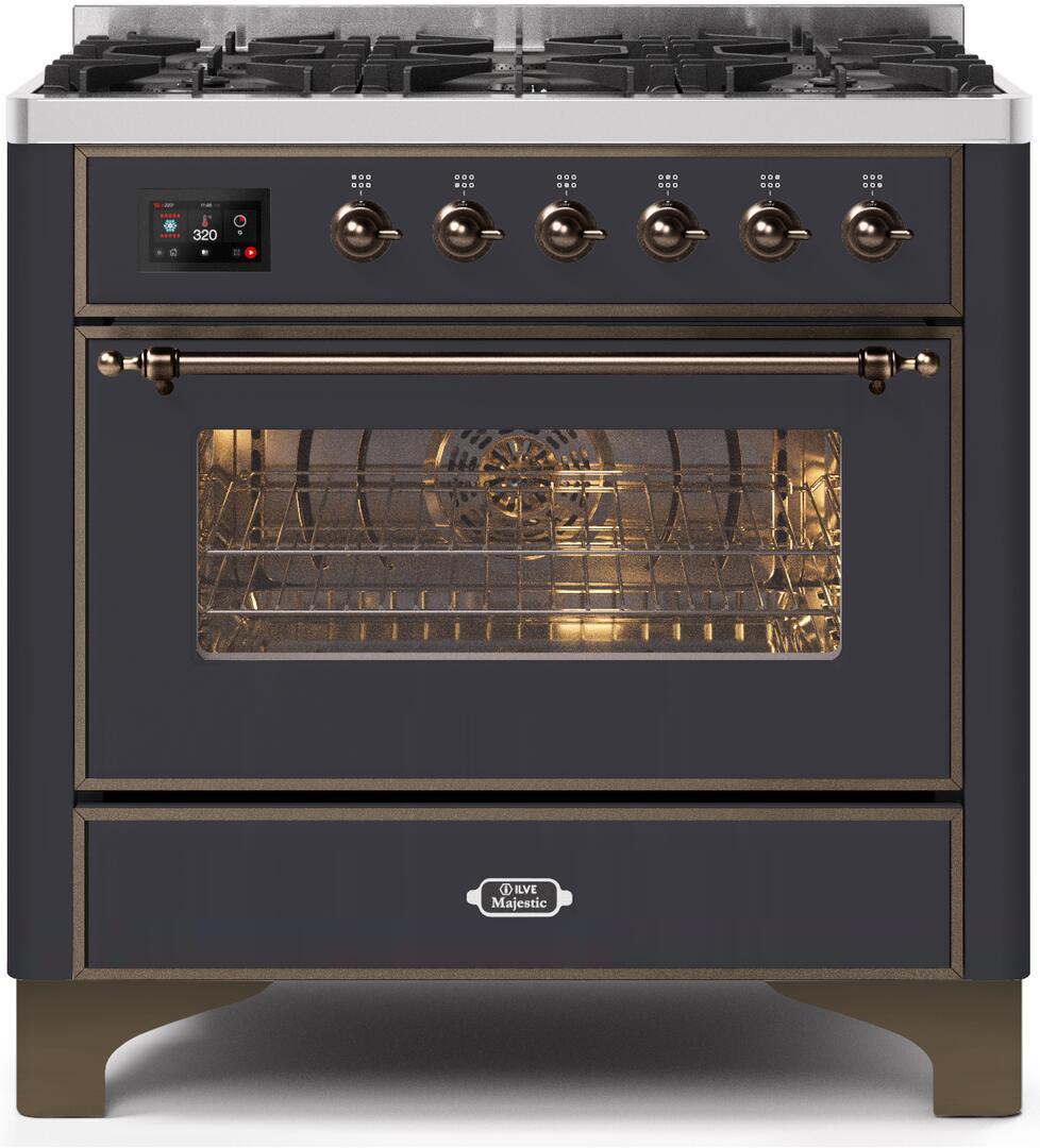 Majestic II 36 Inch Dual Fuel Natural Gas Freestanding Range in Matte Graphite with Bronze Trim