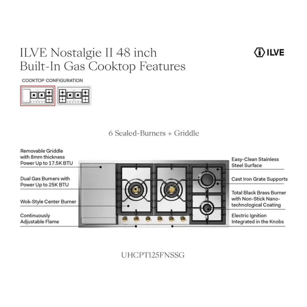 ILVE UHCPT125FNSSC Nostalgie II 48 inch Built-In Gas Cooktop with Total Black Brass Burners, in Stainless Steel (6 Sealed Burners + Left Griddle, Natural Gas, Chrome)