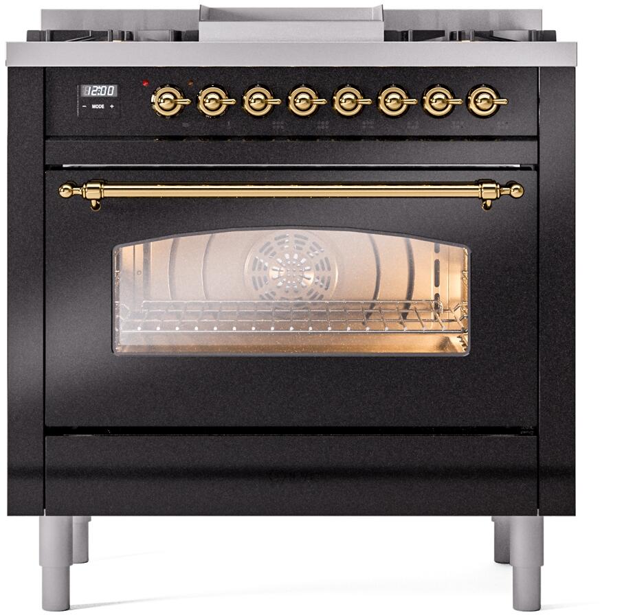 Nostalgie II 36 Inch Dual Fuel Liquid Propane Freestanding Range in Glossy Black with Brass Trim