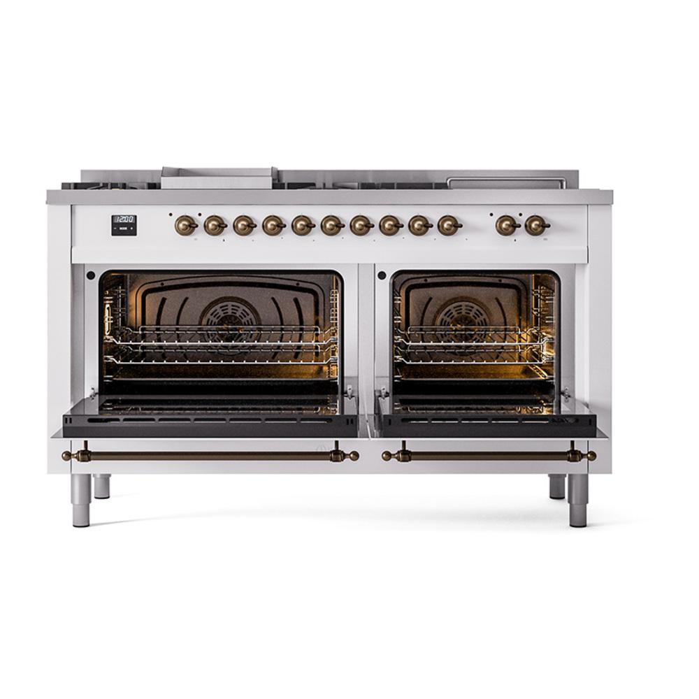 ILVE UN60FSQNMPWHB Nostalgie II Noblesse 60 inch Dual Fuel Range (7 Sealed Burners + Griddle + French Top, Natural Gas, Solid Door, White, Burnished)