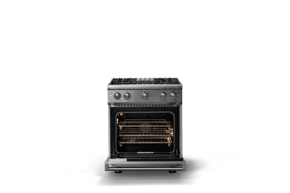 30"W. Sealed Burner Gas Range (Finish: Stainless Steel, Trim: Polished Chrome, Fuel: Natural Gas)