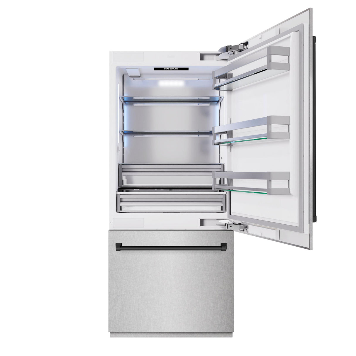 ZLINE Autograph Edition 36 in. 19.8 cu. ft. Built-In Bottom Freezer Refrigerator with Water Dispenser and Ice Maker in DuraSnow' Stainless Steel and Matte Black Accents (RBITZ-SN-36-MB)