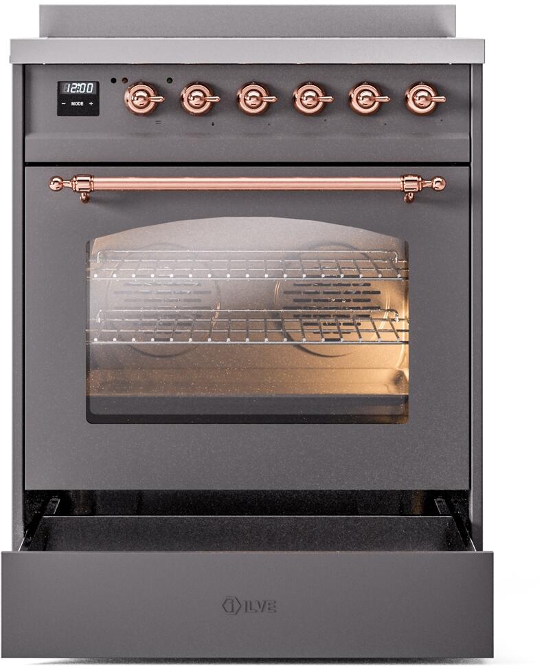 Nostalgie II 30 Inch Electric Freestanding Range in Matte Graphite with Copper Trim