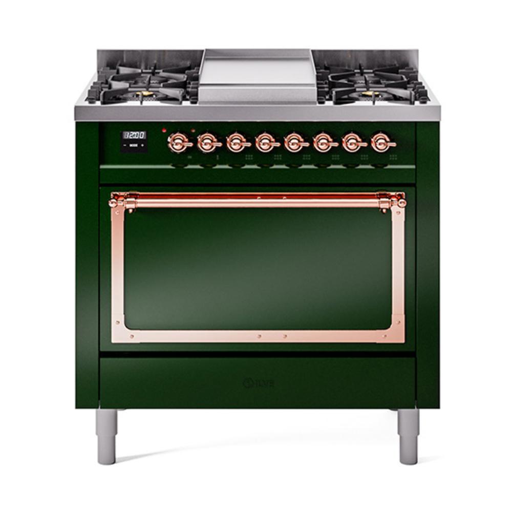ILVE UN36FQNMPEGP Nostalgie II Noblesse 36 inch Dual Fuel Range (Natural Gas, Solid Door, Emerald Green, Copper)