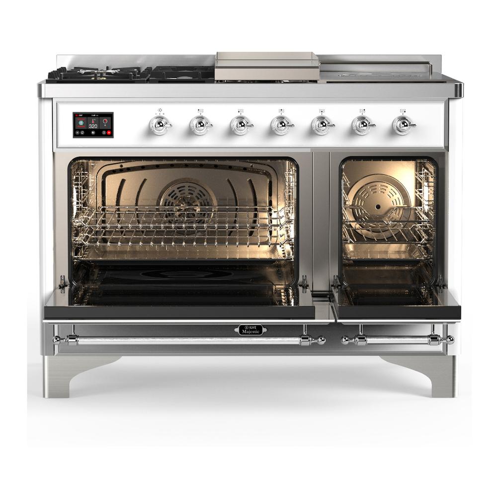 ILVE UM48FSQNR3WHC Majestic III 48 inch Dual Fuel Range with 5 Black Brass Burners, Griddle and French Top, Dual Function Burner up to 25,000 BTU (Natural Gas, Solid Door, White, Chrome)