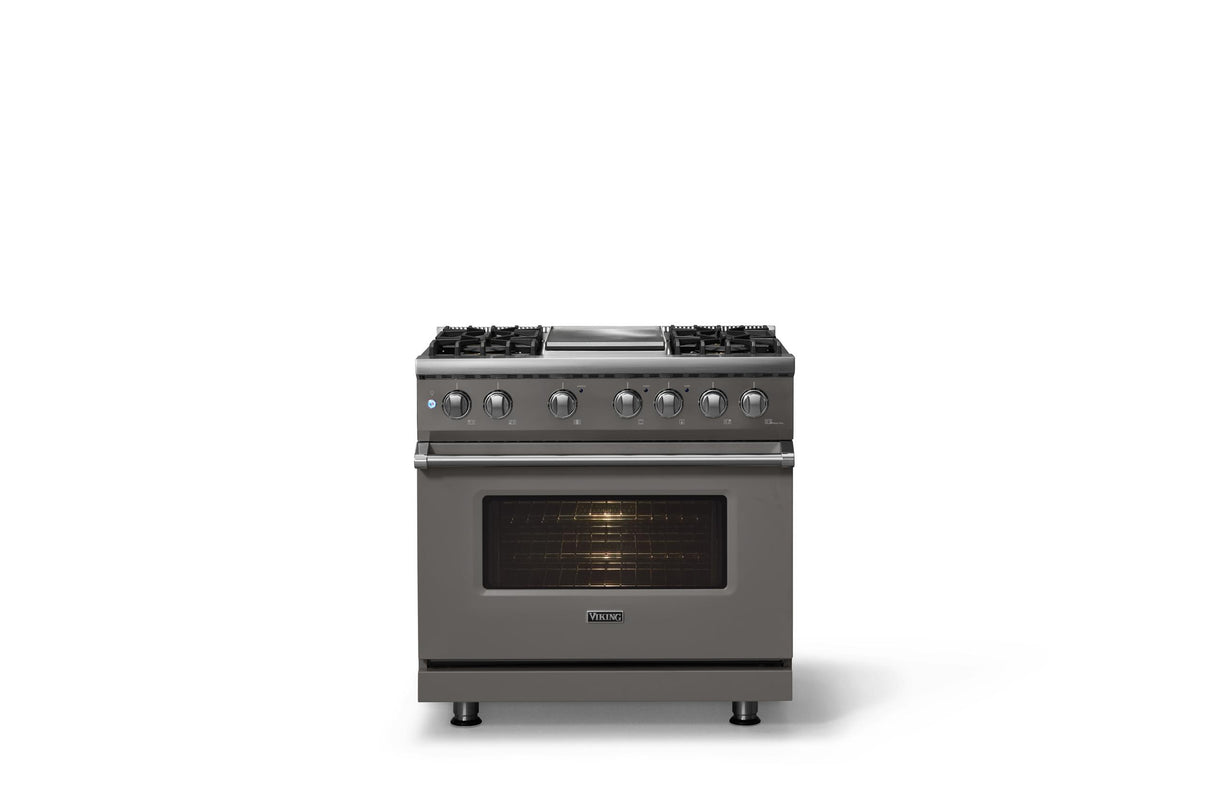 36"W. Dual Fuel Range (Burner: 4g, Finish: Damascus Gray, Trim: Polished Chrome, Fuel: Natural Gas)