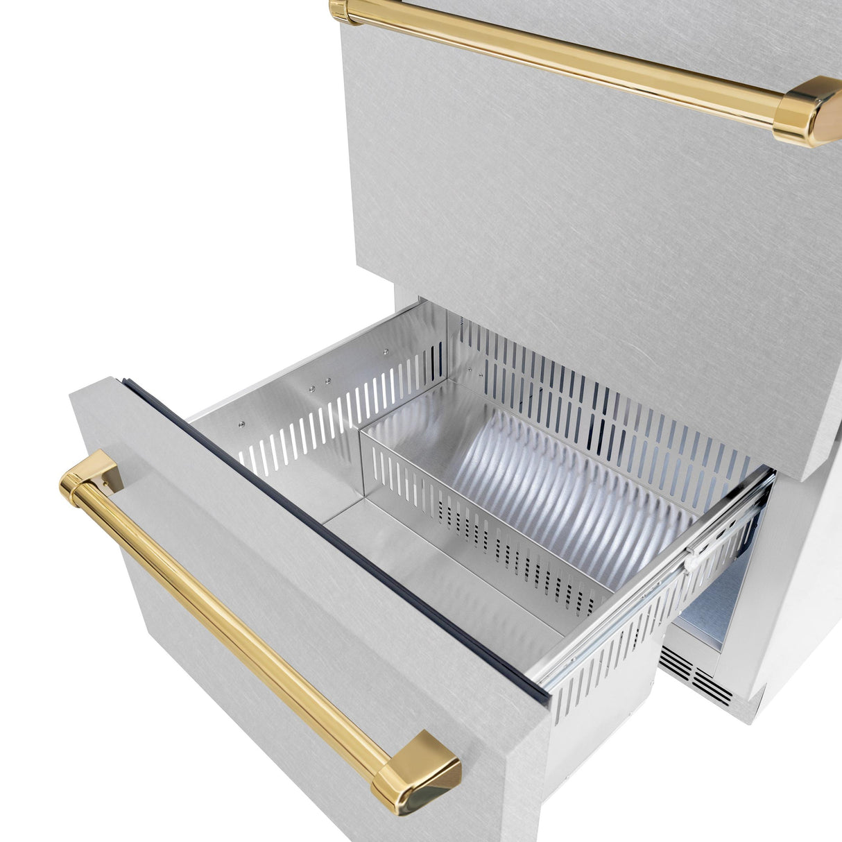 ZLINE Autograph Edition 24 in. Touchstone 168 Can Outdoor-Rated Dual Refrigerator Drawer with DuraSnow' Stainless Steel Doors and Polished Gold Handles (RDSOZ-SN-24-G)