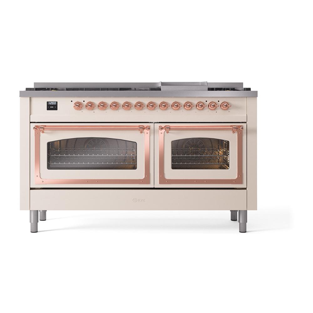 ILVE UN60FNMPAWPLP Nostalgie II Noblesse 60 inch Dual Fuel Range (9 Sealed Burners + Griddle, Liquid Propane, Triple Glass Door, Antique White, Copper)