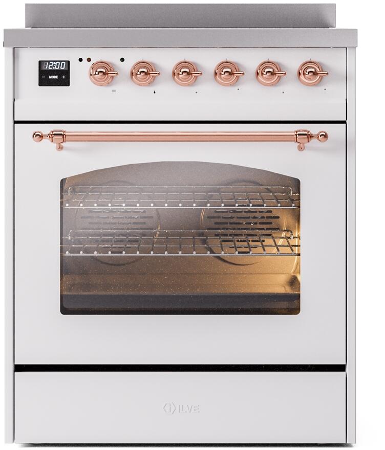 Nostalgie II 30 Inch Electric Freestanding Range in White with Copper Trim
