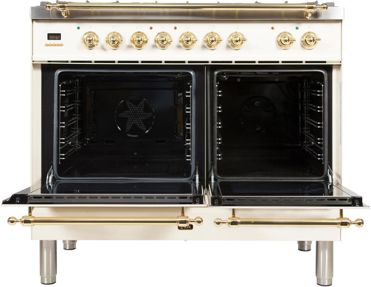 Nostalgie 40 Inch Dual Fuel Natural Gas Freestanding Range in Antique White with Brass Trim