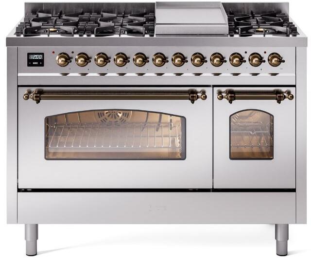 Nostalgie II 48 Inch Dual Fuel Liquid Propane Freestanding Range in Stainless Steel with Bronze Trim