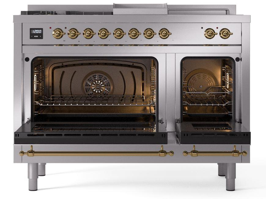 Nostalgie II 48 Inch Dual Fuel Natural Gas Freestanding Range in Stainless Steel with Brass Trim