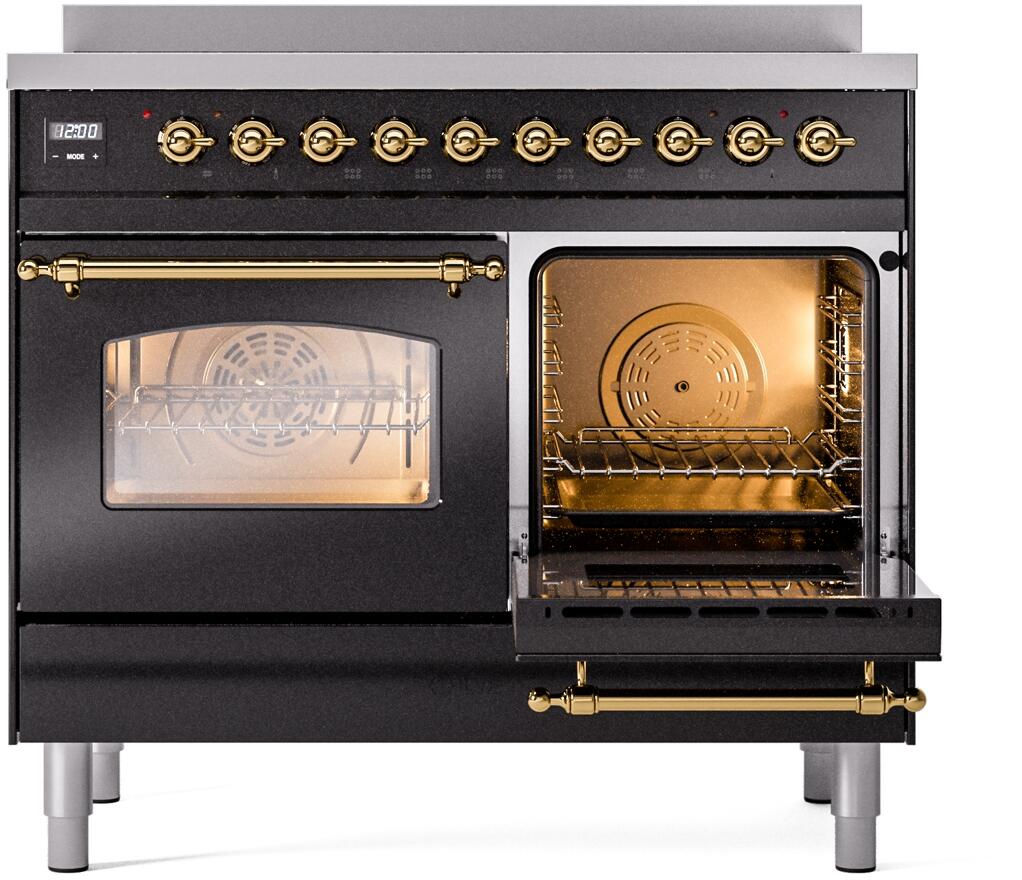 Nostalgie II 40 Inch Electric Freestanding Range in Glossy Black with Brass Trim