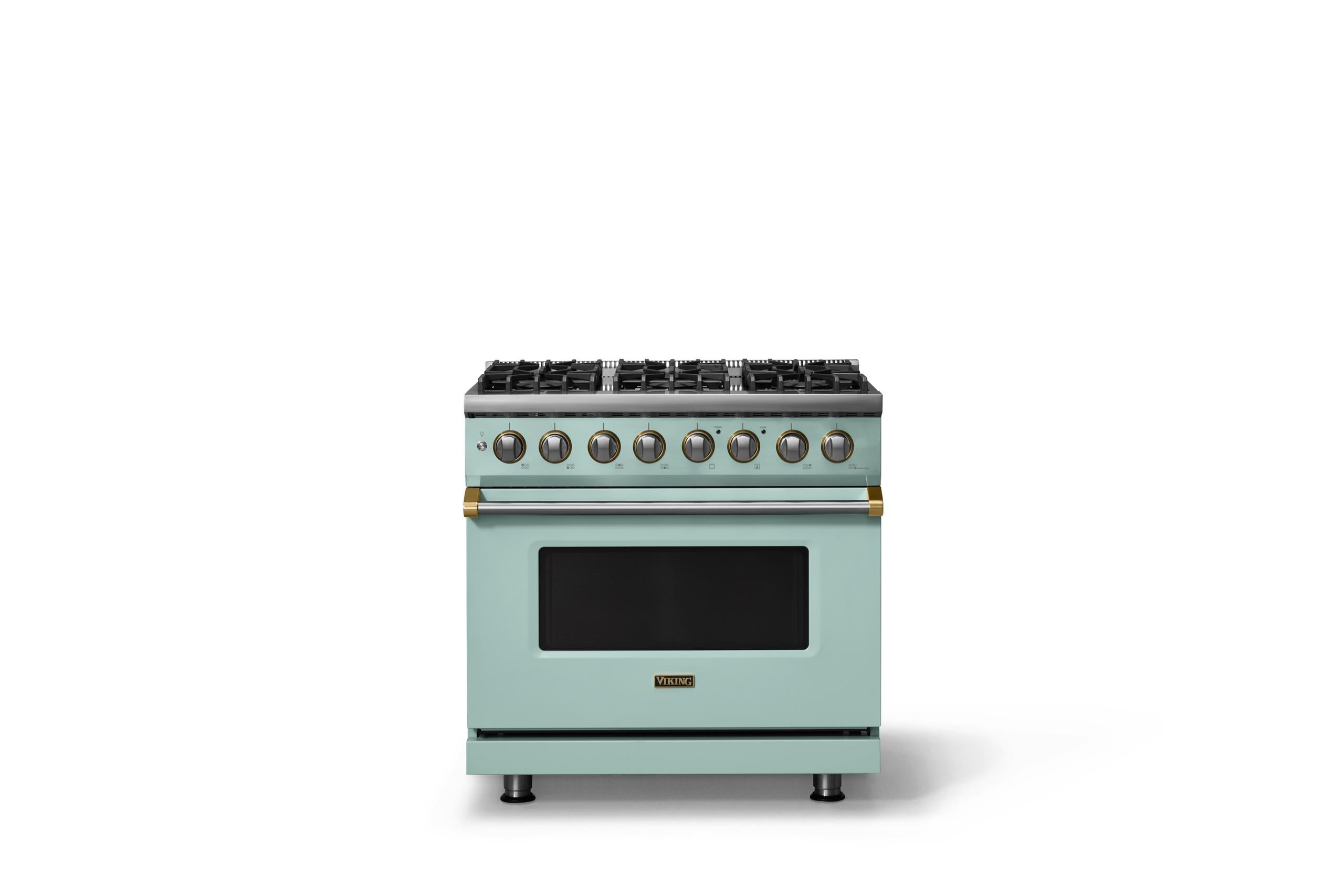 36"W. Dual Fuel Range (Burner: 6b, Finish: Splash, Trim: Brushed Brass, Fuel: Propane)