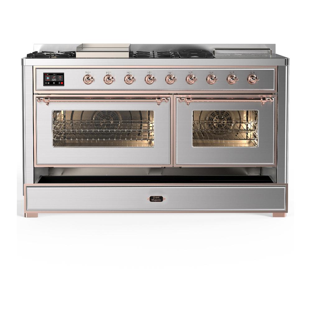 ILVE UM60FSNR3SSPLP Majestic III 60 inch Dual Fuel Range with 7 Burners, Griddle and French Top, Dual Function Burner with up to 25,000 BTU (Liquid Propane, Triple Glass Door, Stainless Steel, Copper)