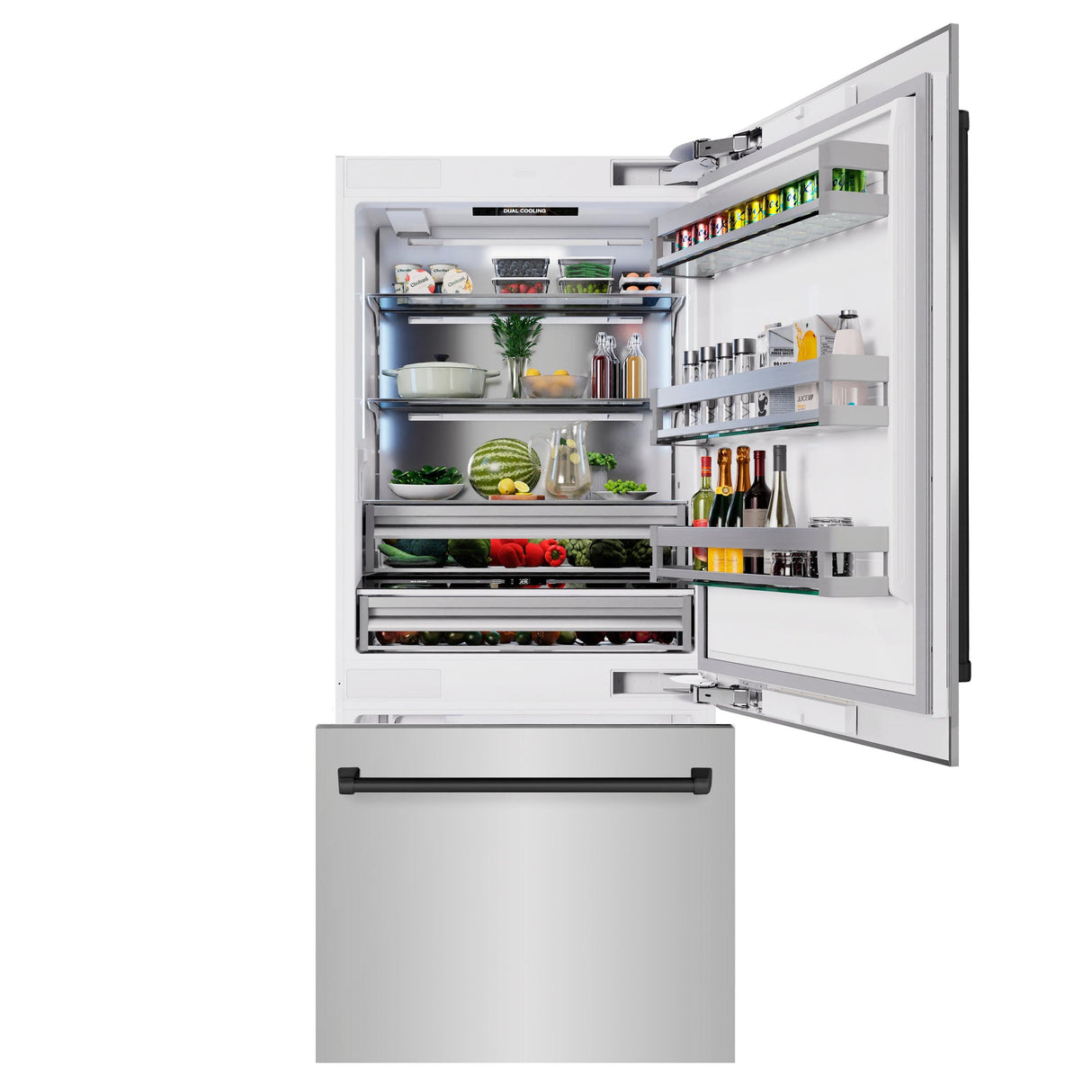 ZLINE Autograph Edition 36 in. 19.8 cu. ft. Built-In Bottom Freezer Refrigerator with Water Dispenser and Ice Maker in Stainless Steel with Matte Black Accents (RBITZ-304-36MB)