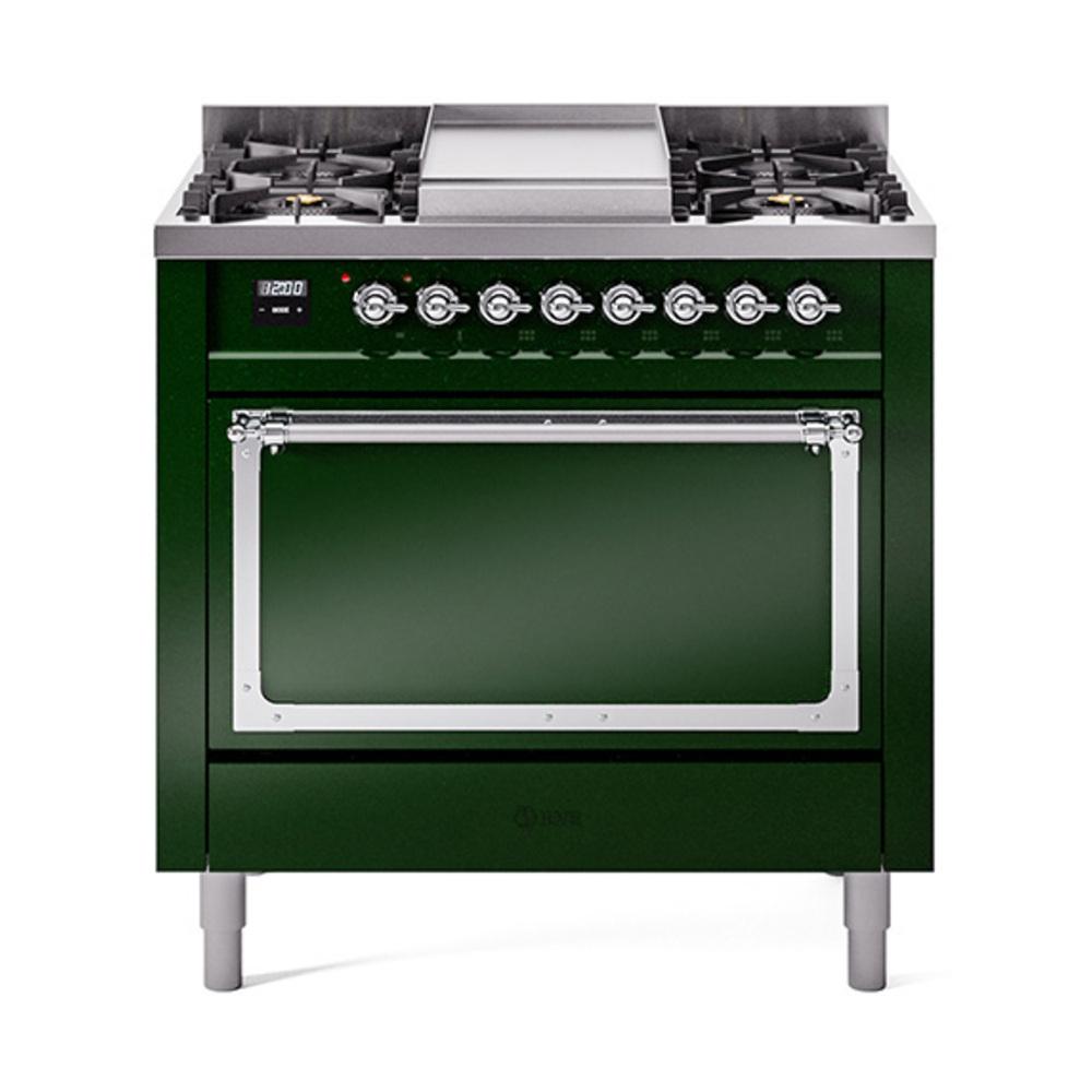 ILVE UN36FQNMPEGCLP Nostalgie II Noblesse 36 inch Dual Fuel Range (Liquid Propane, Solid Door, Emerald Green, Chrome)