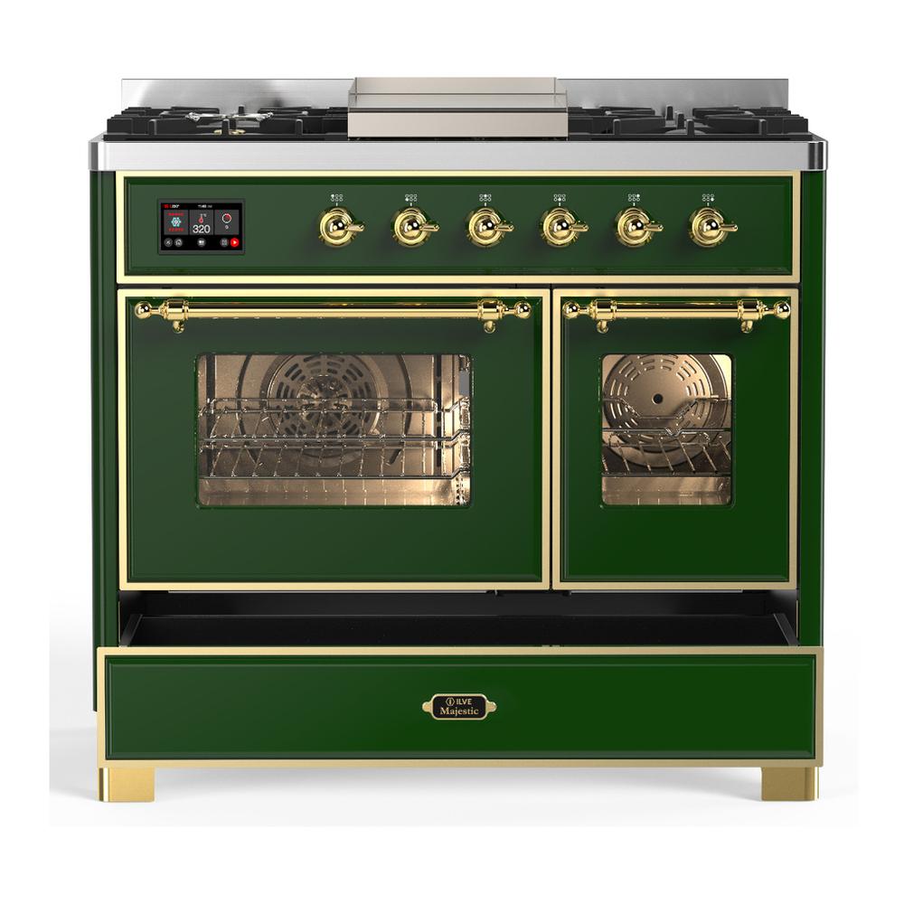 ILVE UMD40FNR3EGGLP Majestic III 40 inch Dual Fuel Range with 6 Burners and Griddle, Dual Function Burner up to 25,000 BTU (Liquid Propane, Triple Glass Door, Emerald Green, Brass)