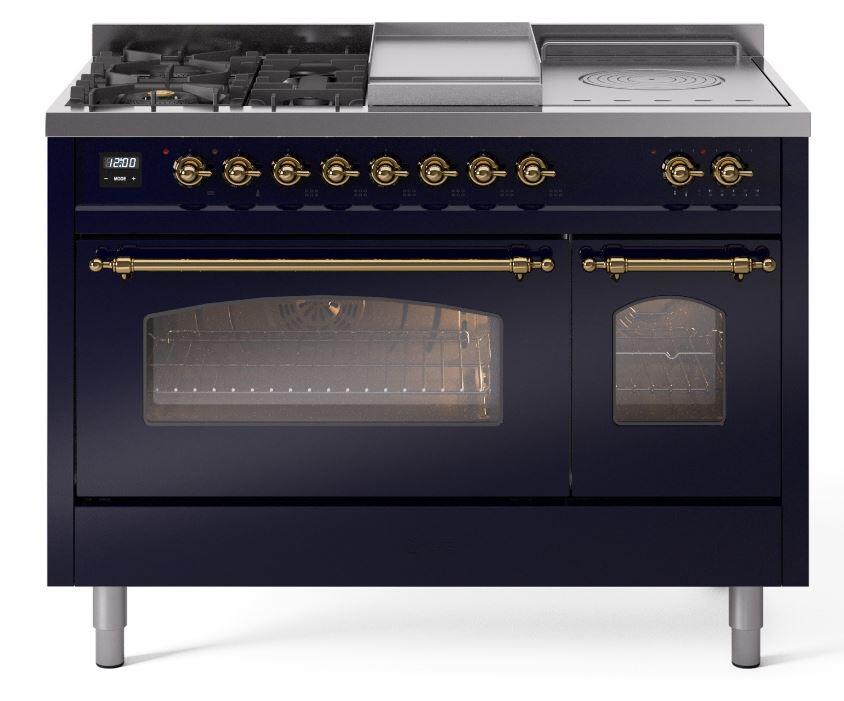Nostalgie II 48 Inch Dual Fuel Natural Gas Freestanding Range in Blue with Brass Trim