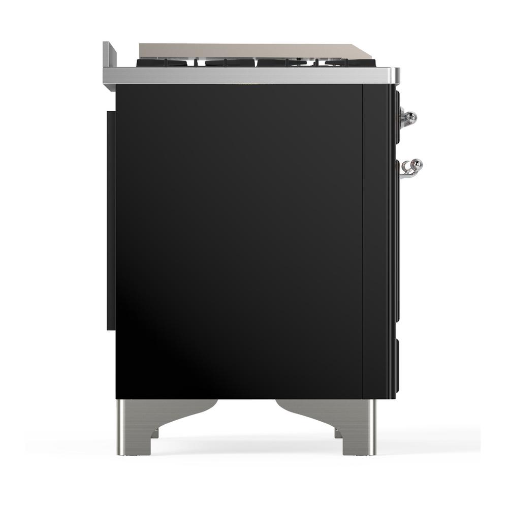 ILVE UM48FSQNR3BKCLP Majestic III 48 inch Dual Fuel Range with 5 Black Brass Burners, Griddle and French Top, Dual Function Burner up to 25,000 BTU (Liquid Propane, Solid Door, Glossy Black, Chrome)