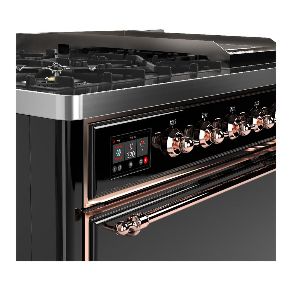 ILVE UM48FQNR3BKP Majestic III 48 inch Dual Fuel Range with 8 Burners and Griddle, Dual Function Burner up to 25,000 BTU (Natural Gas, Solid Door, Glossy Black, Copper)