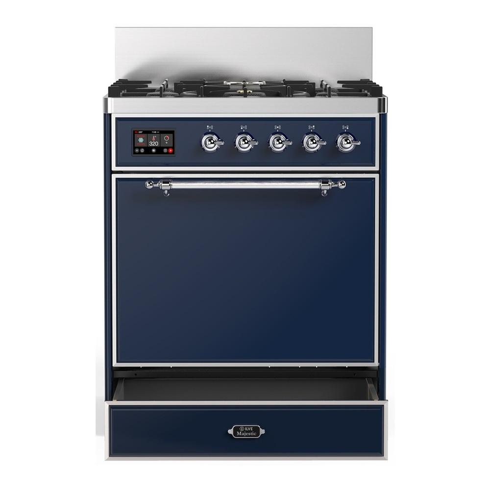 ILVE UM30QNR3MBC Majestic III 30 inch Dual Fuel Range with 5 Black Brass Burners, Dual Function Burner up to 25,000 BTU (Natural Gas, Solid Door, Midnight Blue, Chrome)