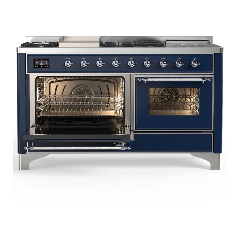 ILVE UM60FSNR3MBCLP Majestic III 60 inch Dual Fuel Range with 7 Burners, Griddle and French Top, Dual Function Burner with up to 25,000 BTU (Liquid Propane, Triple Glass Door, Midnight Blue, Chrome)