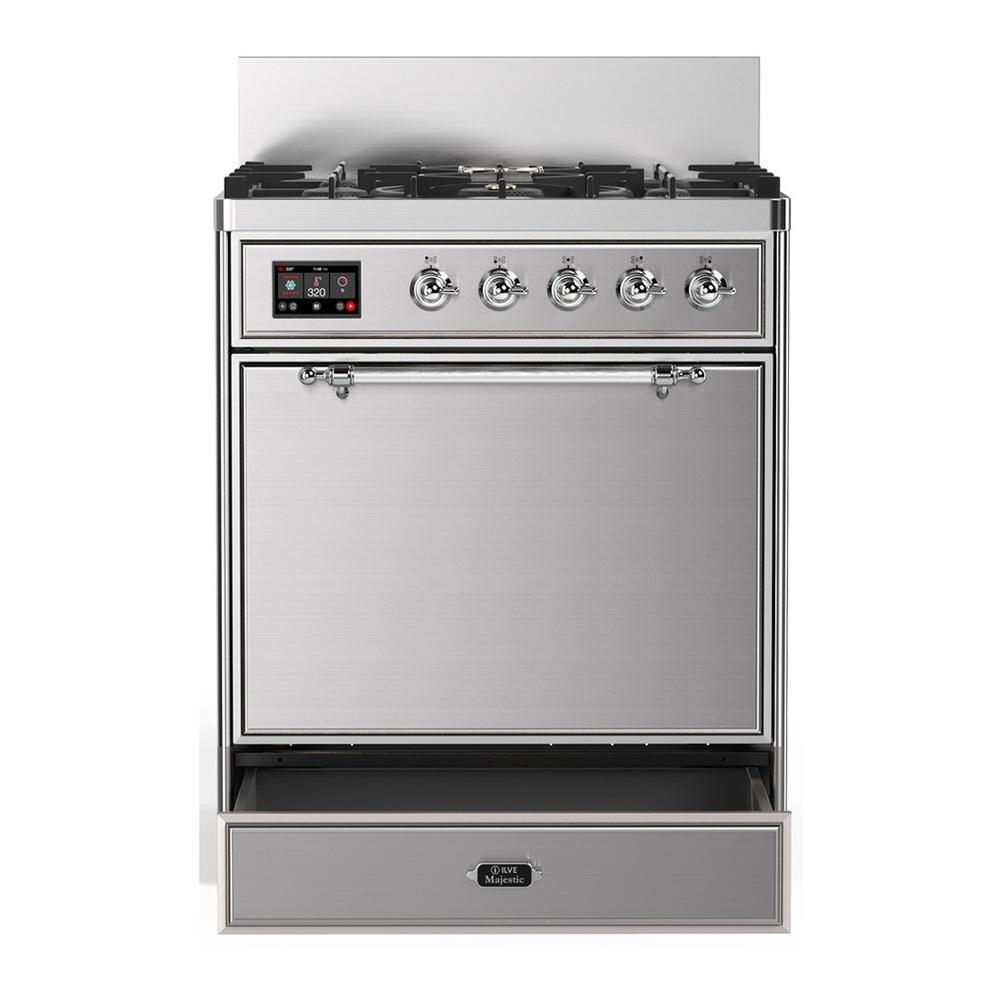 ILVE UM30QNR3SSC Majestic III 30 inch Dual Fuel Range with 5 Black Brass Burners, Dual Function Burner up to 25,000 BTU (Natural Gas, Solid Door, Stainless Steel, Chrome)