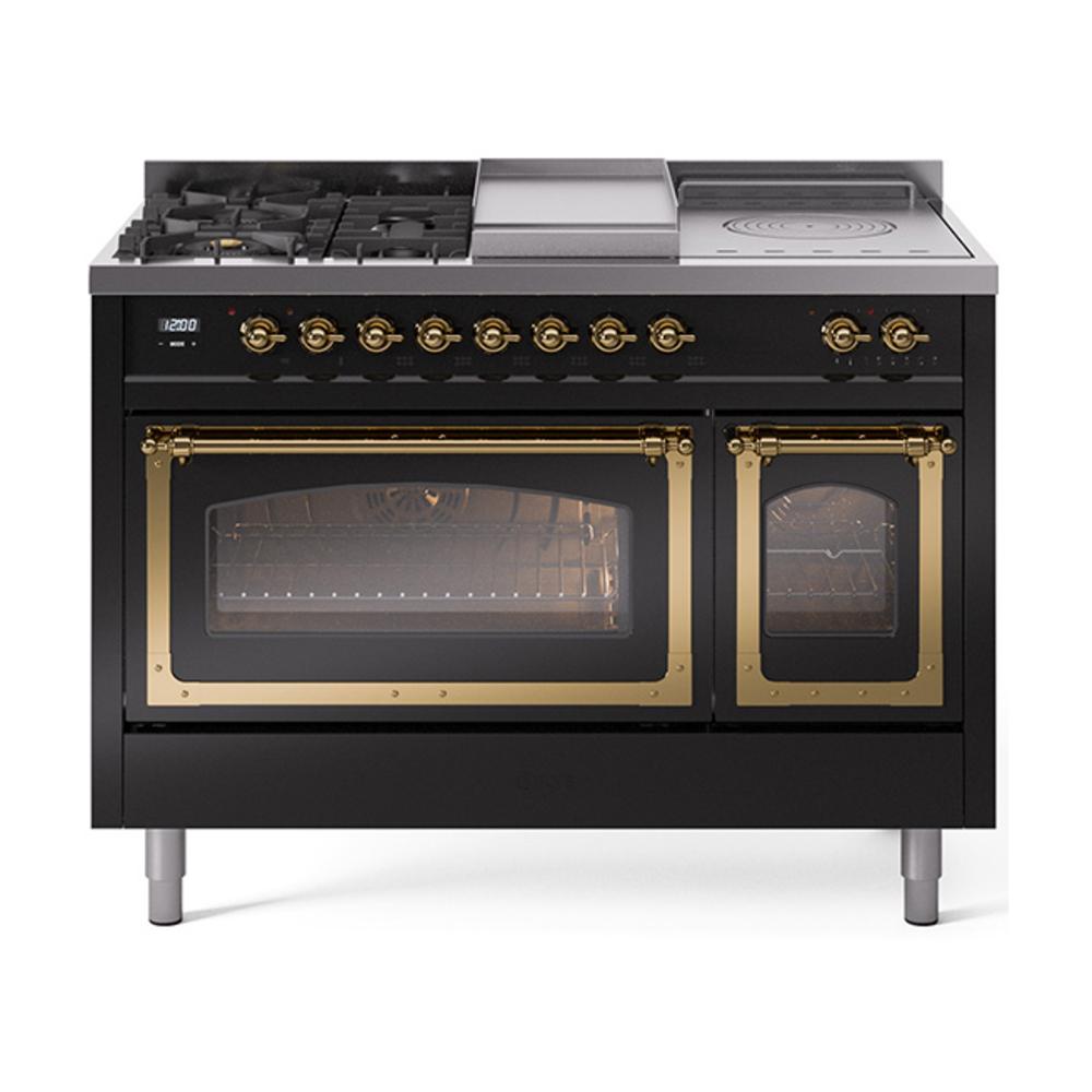 ILVE UN48FSNMPBKG Nostalgie II Noblesse 48 inch Dual Fuel Range (5 Sealed Burners + Griddle + French Top, Natural Gas, Triple Glass Door, Glossy Black, Brass)