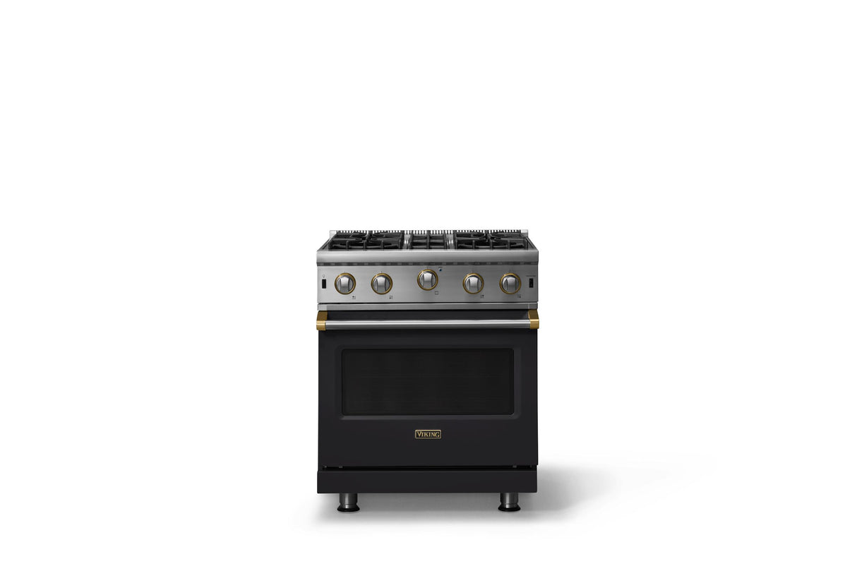 30"W. Open Burner Gas Range (Finish: Onyx, Trim: Brushed Brass, Fuel: Propane)