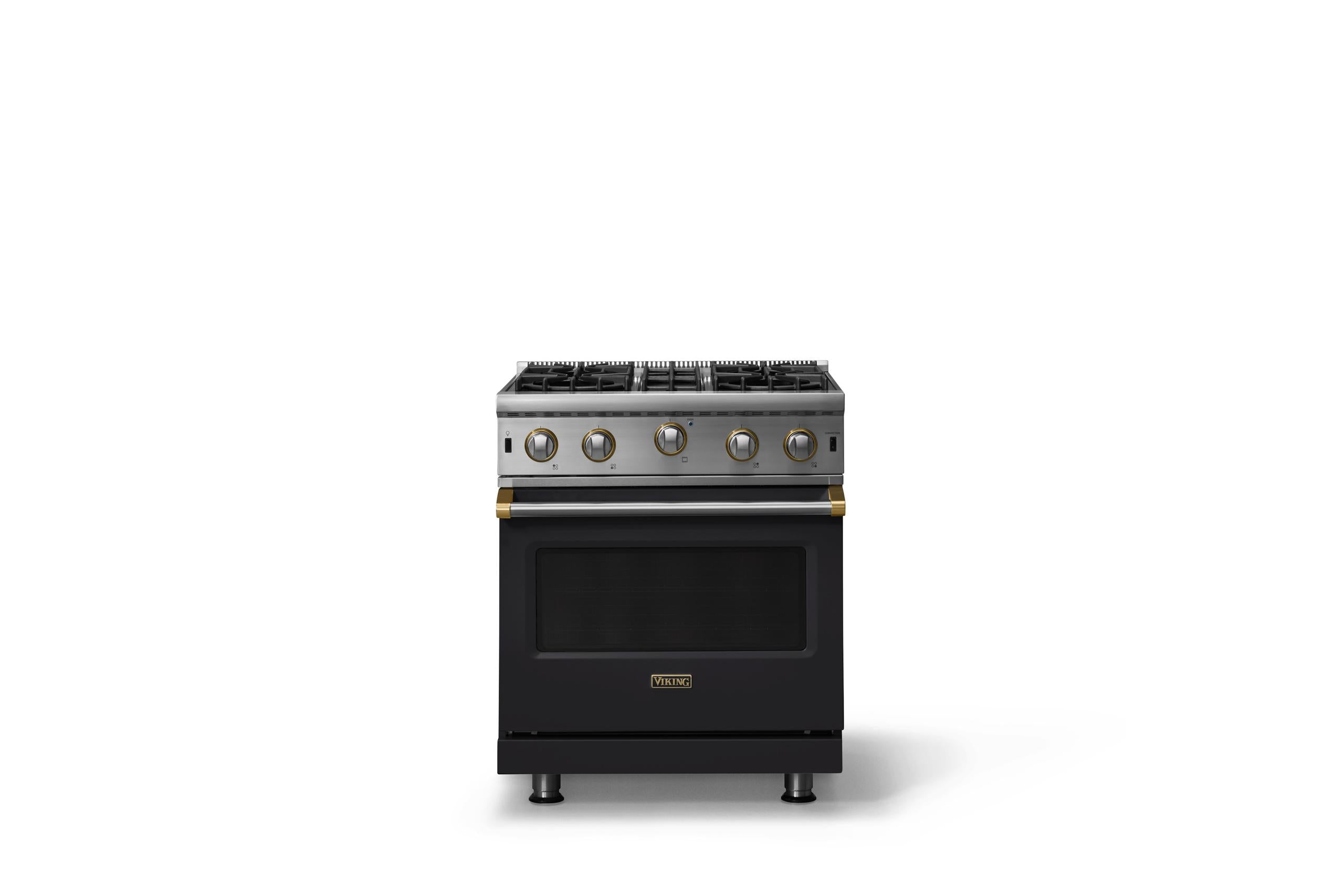 30"W. Open Burner Gas Range (Finish: Onyx, Trim: Brushed Brass, Fuel: Propane)