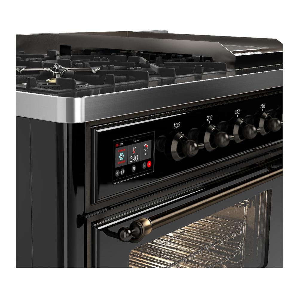 ILVE UM48FNR3BKBLP Majestic III 48 inch Dual Fuel Range with 8 Burners and Griddle, Dual Function Burner up to 25,000 BTU (Liquid Propane, Triple Glass Door, Glossy Black, Burnished)