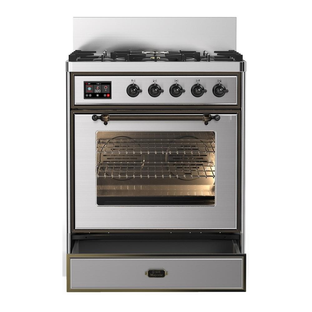 ILVE UM30NR3SSB Majestic III 30 inch Dual Fuel Range with 5 Black Brass Burners, Dual Function Burner up to 25,000 BTU (Natural Gas, Triple Glass Door, Stainless Steel, Burnished)