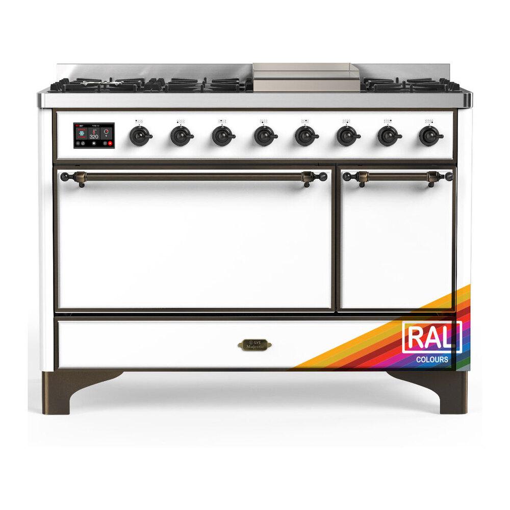 ILVE UM48FQNR3RABLP Majestic III 48 inch Dual Fuel Range with 8 Burners and Griddle, Dual Function Burner up to 25,000 BTU (Liquid Propane, Solid Door, RAL, Burnished)