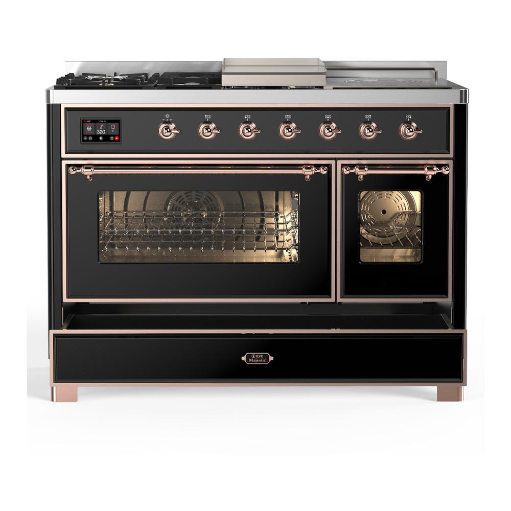 ILVE UM48FSNR3BKPLP Majestic III 48 inch Dual Fuel Range with 5 Black Brass Burners, Griddle and French Top, Dual Function Burner up to 25,000 BTU (Liquid Propane, Triple Glass Door, Glossy Black, Copper)