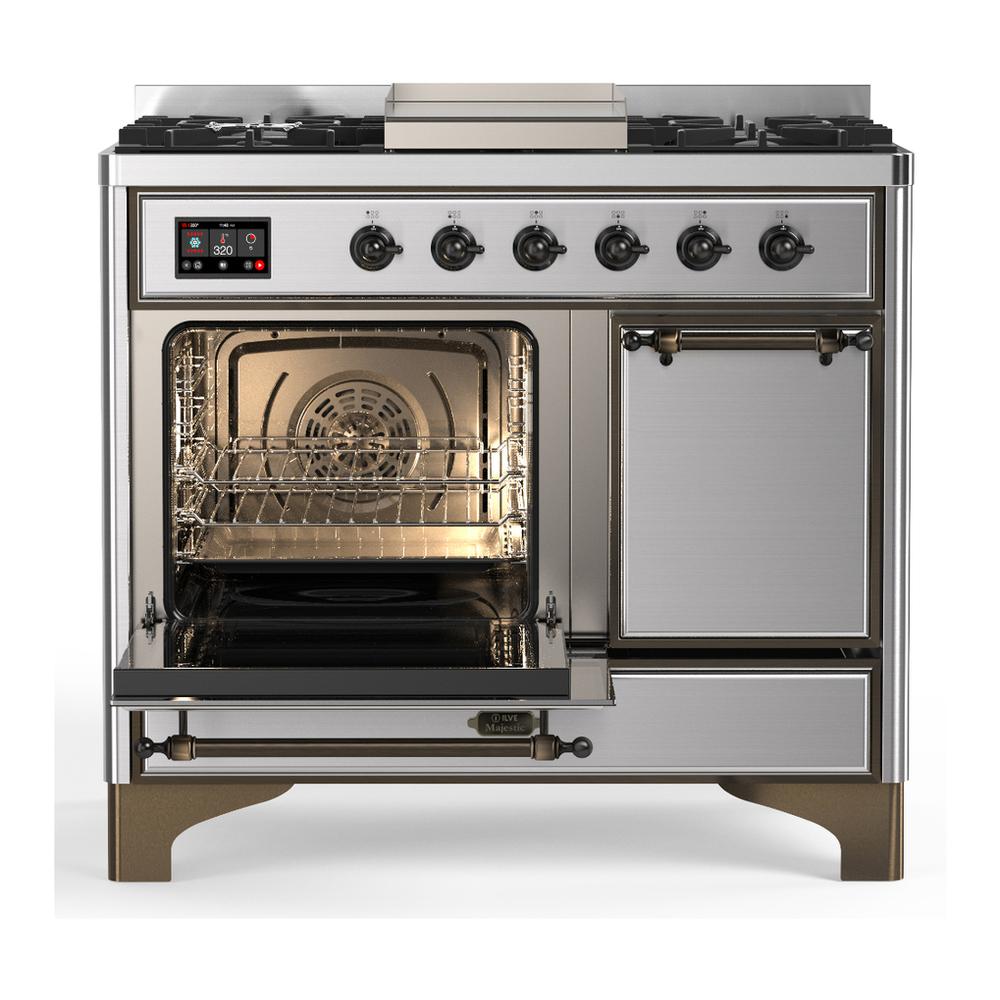 ILVE UMD40FQNR3SSBLP Majestic III 40 inch Dual Fuel Range with 6 Burners and Griddle, Dual Function Burner up to 25,000 BTU (Liquid Propane, Solid Door, Stainless Steel, Burnished)