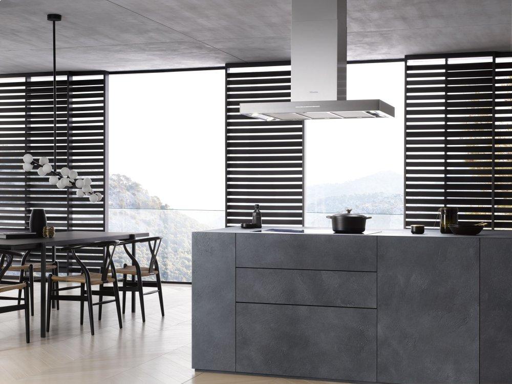 PUR 98 D Stainless steel - Island d(eback)cor hood with energy-efficient LED lighting and backlit controls for easy use.
