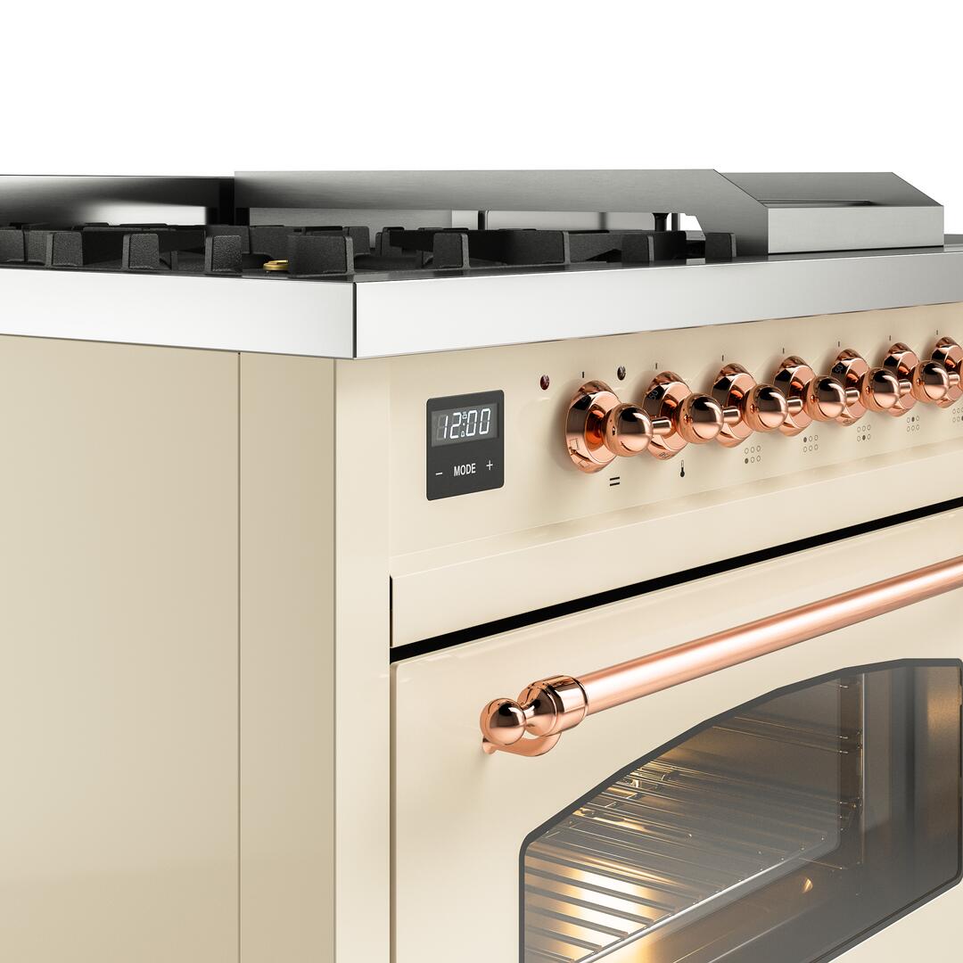 Nostalgie II 48 Inch Dual Fuel Natural Gas Freestanding Range in Antique White with Copper Trim