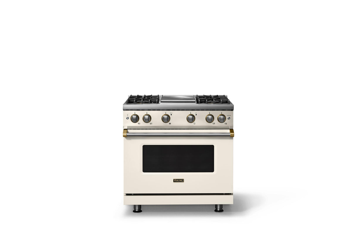 36"W. Sealed Burner Gas Range (Burner: 4g, Finish: Pure White, Trim: Brushed Brass, Fuel: Propane)