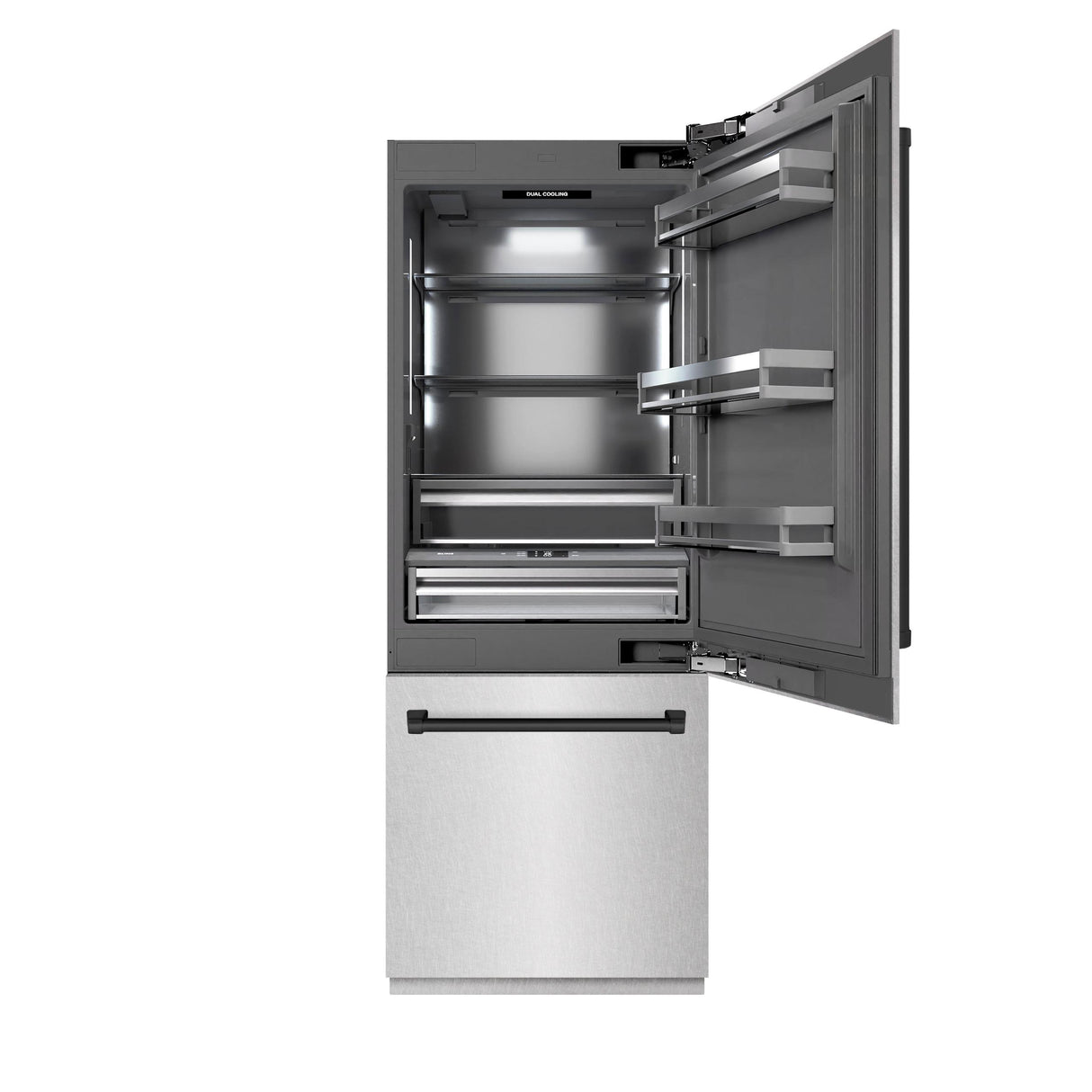 ZLINE Autograph Edition 30 in. 16.1 cu. ft. Built-In Bottom Freezer Refrigerator with Water Dispenser and Ice Maker in DuraSnow' Stainless Steel with Graphite Gray Interior and Matte Black Accents (GRBIVZ-SN-30-MB)