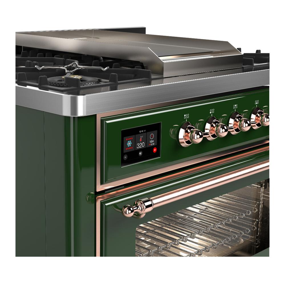 ILVE UM36FNR3EGPLP Majestic III 36 inch Dual Fuel Range with 6 Black Brass Burners and Griddle, Dual Function Burner up to 25,000 BTU (Triple Glass Door, Emerald Green, Copper, Liquid Propane)