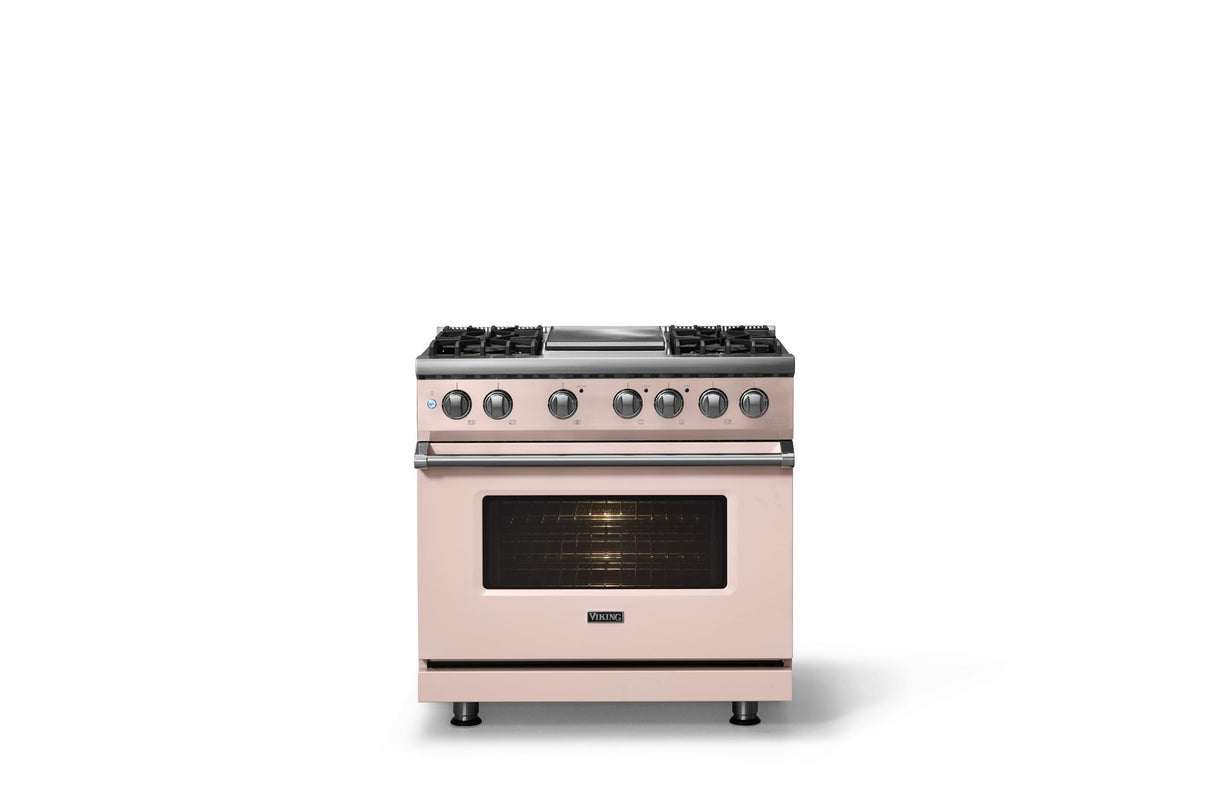 36"W. Dual Fuel Range (Burner: 4g, Finish: Blush, Trim: Polished Chrome, Fuel: Natural Gas)
