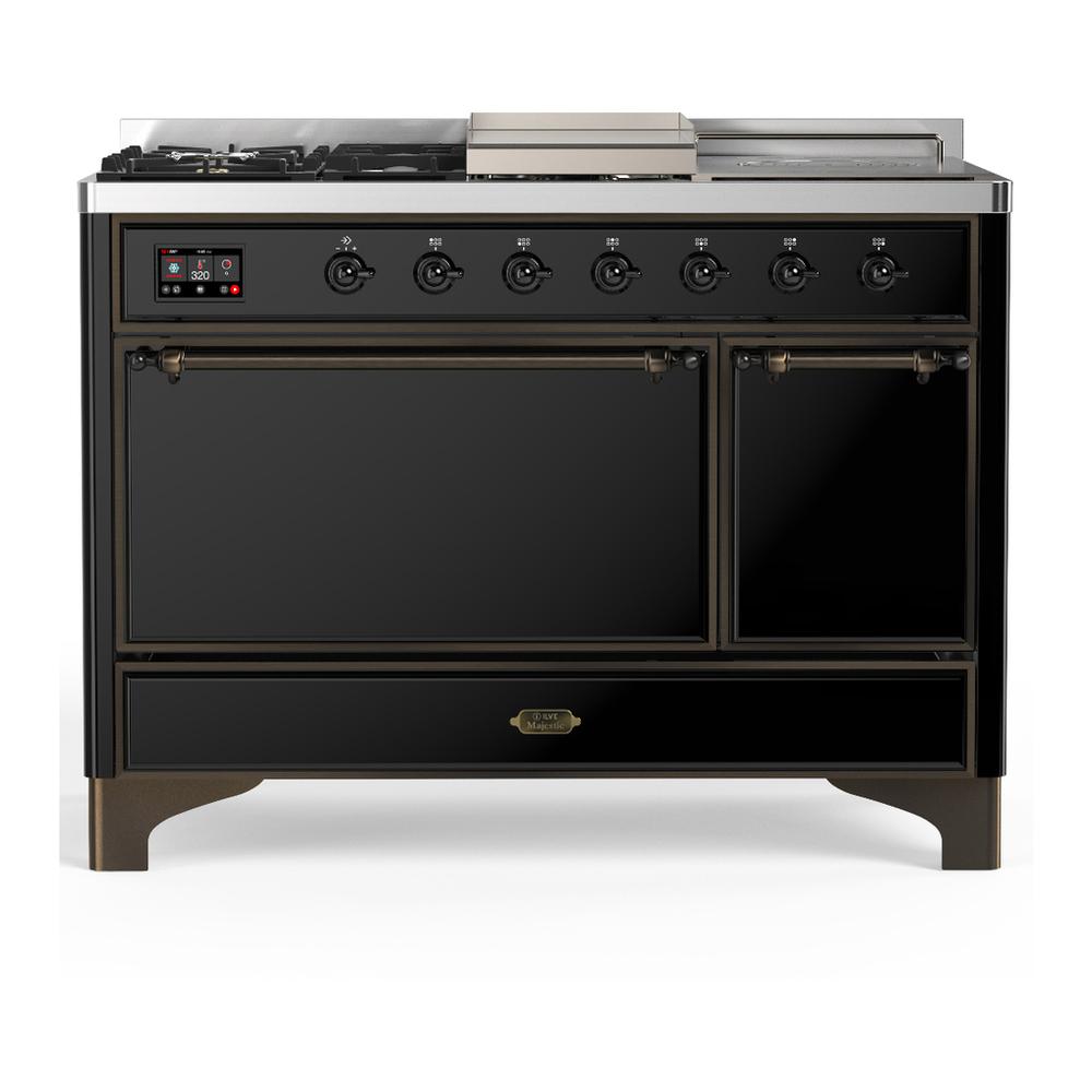 ILVE UM48FSQNR3BKB Majestic III 48 inch Dual Fuel Range with 5 Black Brass Burners, Griddle and French Top, Dual Function Burner up to 25,000 BTU (Natural Gas, Solid Door, Glossy Black, Burnished)