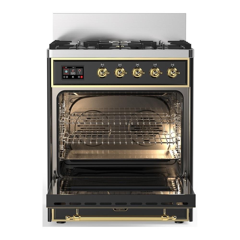 ILVE UM30NR3MGGLP Majestic III 30 inch Dual Fuel Range with 5 Black Brass Burners, Dual Function Burner up to 25,000 BTU (Liquid Propane, Triple Glass Door, Graphite Matte, Brass)
