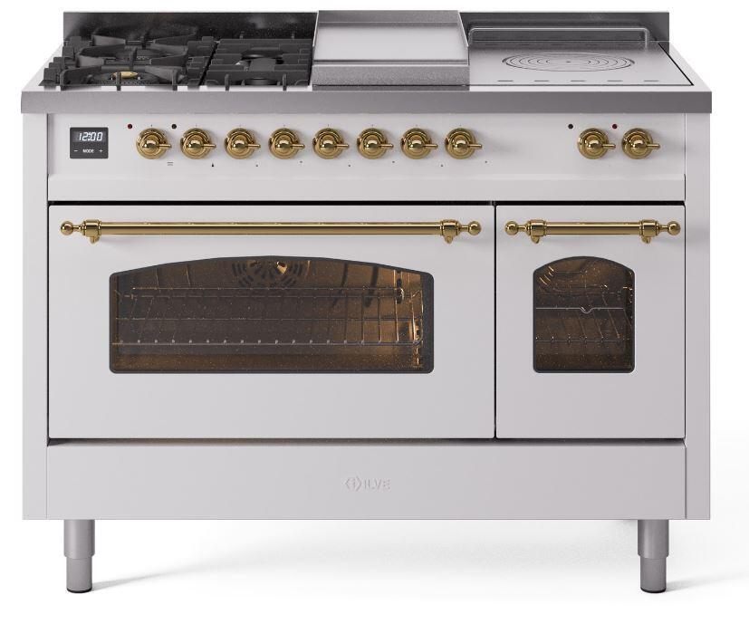 Nostalgie II 48 Inch Dual Fuel Natural Gas Freestanding Range in White with Brass Trim
