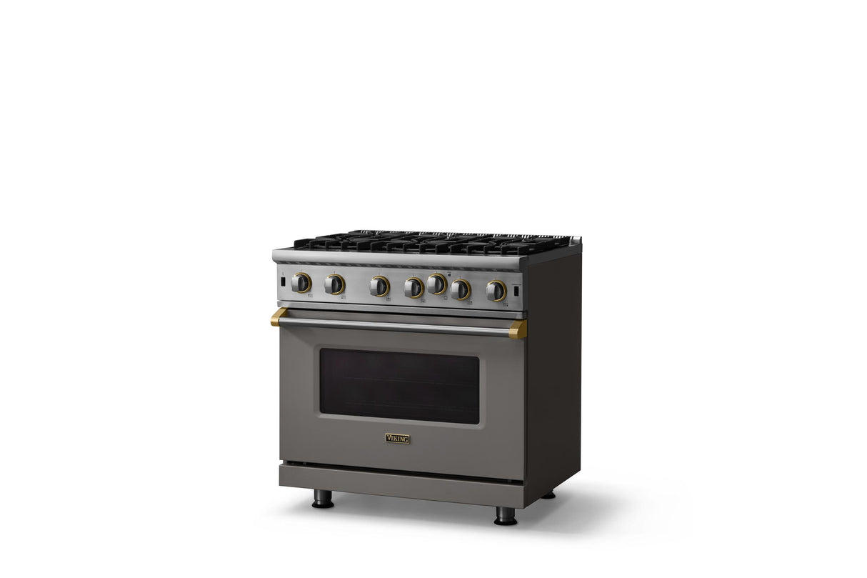 36"W. Open Burner Gas Range (Finish: Damascus Gray, Trim: Brushed Brass, Fuel: Propane)