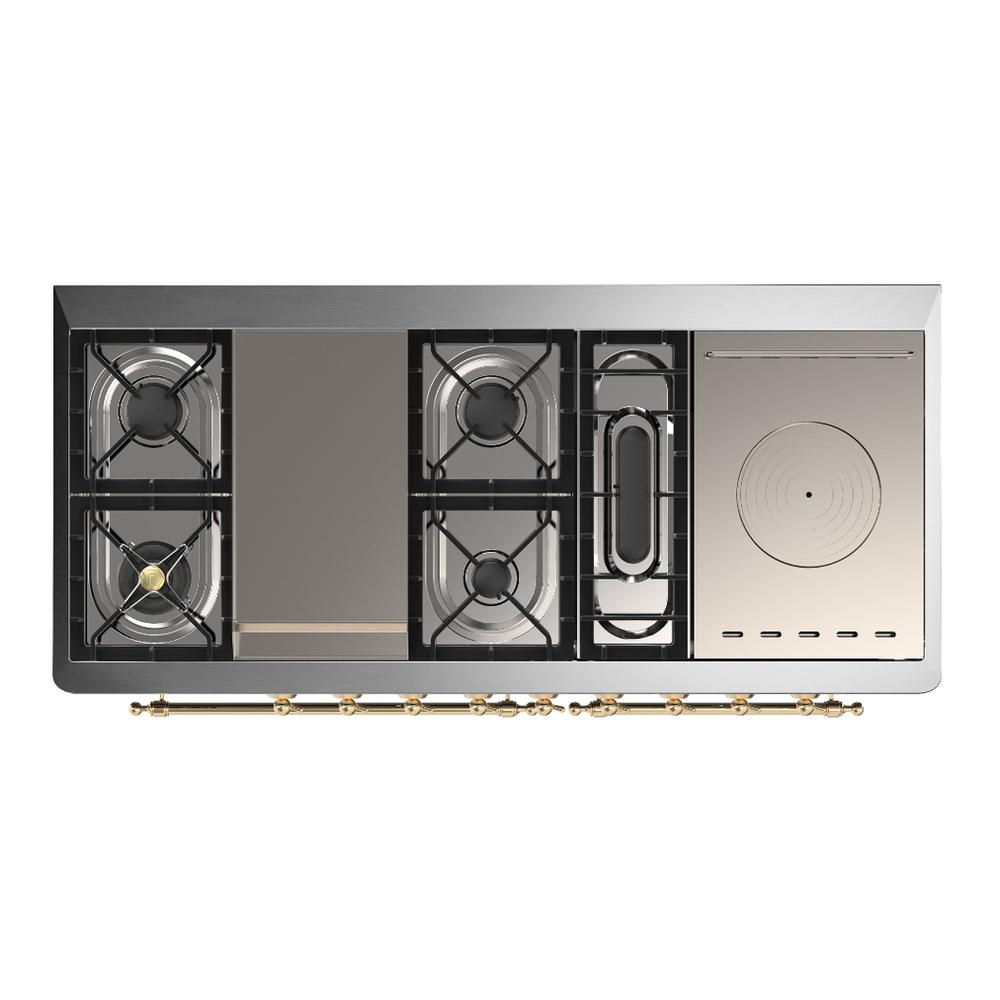 ILVE UM60FSQNR3MGGLP Majestic III 60 inch Dual Fuel Range with 7 Burners, Griddle and French Top, Dual Function Burner with up to 25,000 BTU (Liquid Propane, Solid Door, Graphite Matte, Brass)