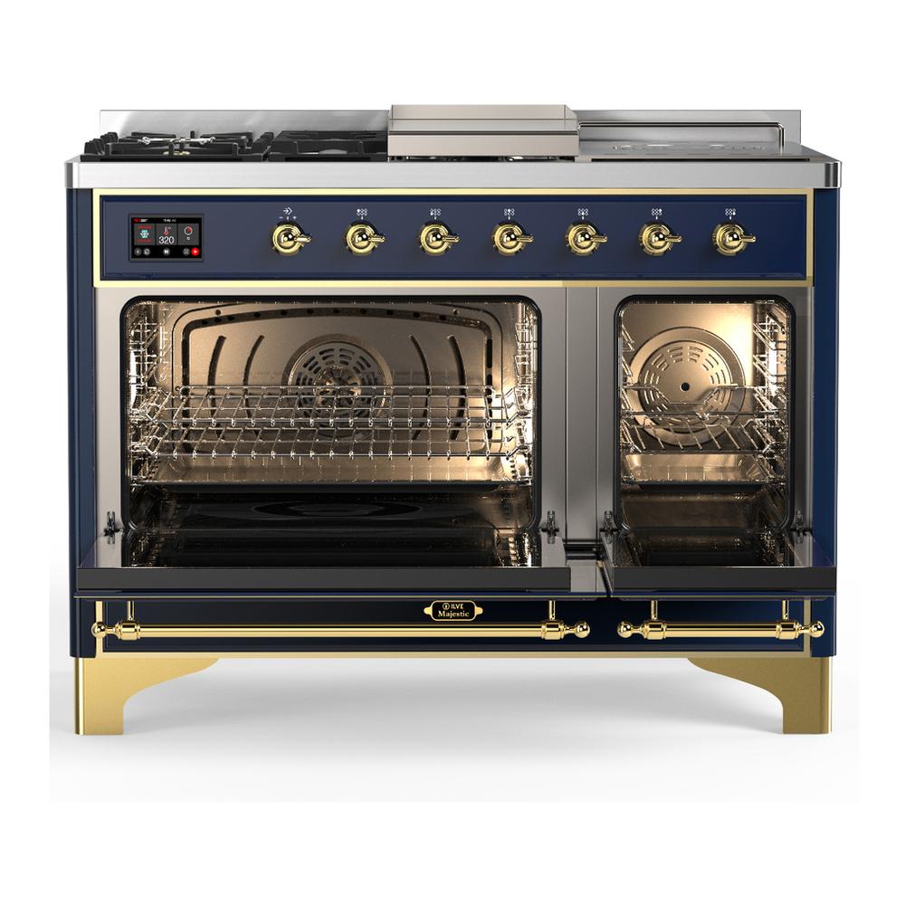 ILVE UM48FSNR3MBG Majestic III 48 inch Dual Fuel Range with 5 Black Brass Burners, Griddle and French Top, Dual Function Burner up to 25,000 BTU (Natural Gas, Triple Glass Door, Midnight Blue, Brass)