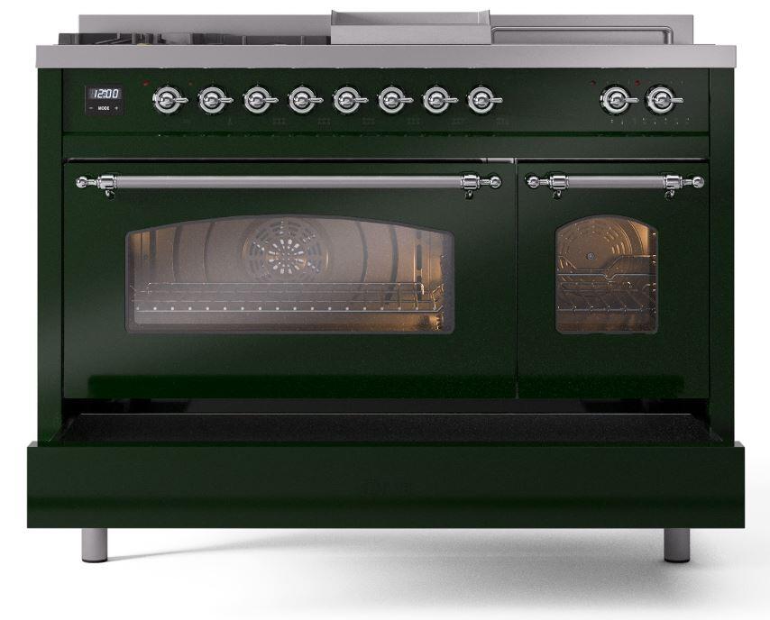 Nostalgie II 48 Inch Dual Fuel Liquid Propane Freestanding Range in Emerald Green with Chrome Trim