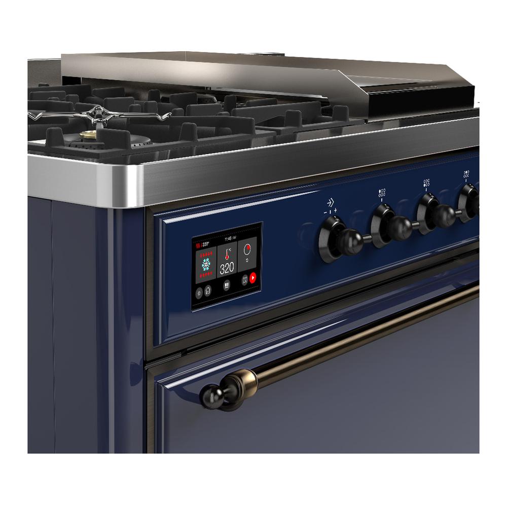 ILVE UM48FSQNR3MBB Majestic III 48 inch Dual Fuel Range with 5 Black Brass Burners, Griddle and French Top, Dual Function Burner up to 25,000 BTU (Natural Gas, Solid Door, Midnight Blue, Burnished)
